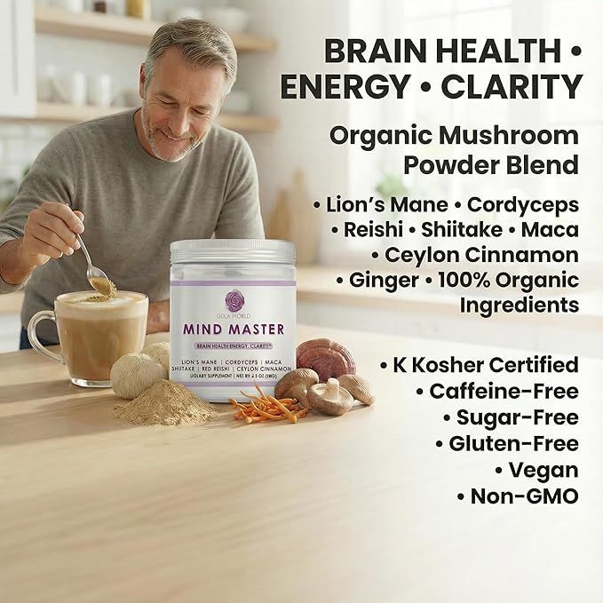 Mind Master Mushroom Powder Blend – Brain Health Supplement with Lion’s Mane Cordyceps Maca Shiitake Red Reishi &amp Ceylon Cinnamon – Mix into Coffee Tea or Smoothies Any Time of Day 2.1 oz Pow