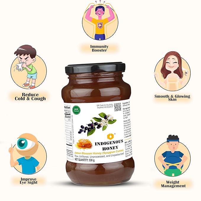 INDIGENOUS HONEY Jamun Honey Raw Organic Natural Pure Unprocessed NMR Tested Unpasteurized Unheated 530g Glass Jar Pack of 1