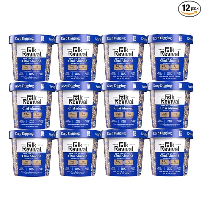Folk Revival Chai Almond Keto Instant 'Oatmeal' - 20g Protein 4g Net Carbs High Fiber Non GMO Gluten Free Made with Acorns - 12 Cups Per Case