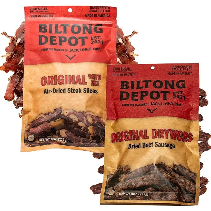 Biltong Depot Biltong + Drywors Bundle - 8oz (2 Pack) | Original Air-Dried Beef Slices with Fat &amp Snack Sticks | High Protein | Jerky Alternative | Zero Sugar | Keto &amp Paleo Friendly | Gluten