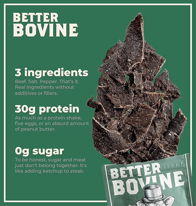 BETTER BOVINE Grass Fed Extra Lean Beef Jerky Keto Paleo Low Carb High Protein Gluten Free Sugar Free Non-GMO Nitrate Free Preservative Free No Antibiotics No Added Hormones 30g Protein 0