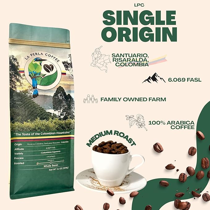 La Perla Colombian Single Origin Specialty Coffee Medium Roast Premium Whole Bean 16oz – Caramel &amp Chocolate Notes – Fresh Gourmet Arabica