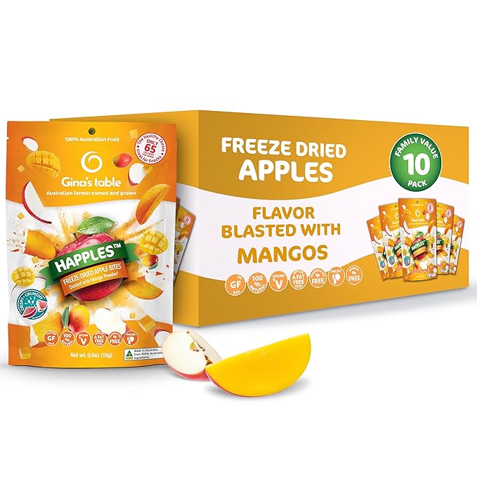 Happles Freeze Dried Apples with Mango Fruit Powder – 100% Natural No Added Sugar Healthy Low Calorie Apple Crisps Snack for Adults &amp Kids Gluten Free No Artificial Flavours (10 Pack)