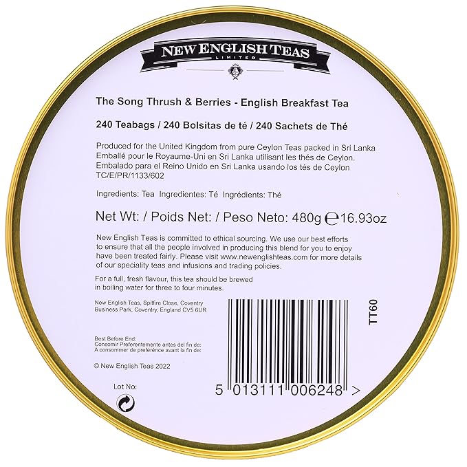 New English Teas Song Thrush &amp Berries Tea Tin in Mint Green with 240 English Breakfast Teabags