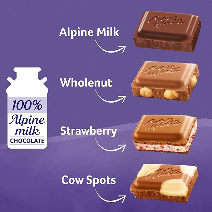 Milka European Chocolate Bars Variety Pack Alpine Milk Chocolate Cow Spots Strawberry &amp Wholenut Hazelnut 10 - 3.52 oz Bars