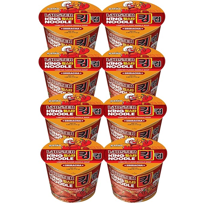 Paldo Fun &amp Yum Sriracha Lobster Instant King Cup Noodles with Soup Sriracha Lobster Seafood Flavor Based Broth Best Oriental Style Original Korean Ramyun 팔도 스리라차 랍스타맛 킹 컵 110g (3.88 oz) x 8 P