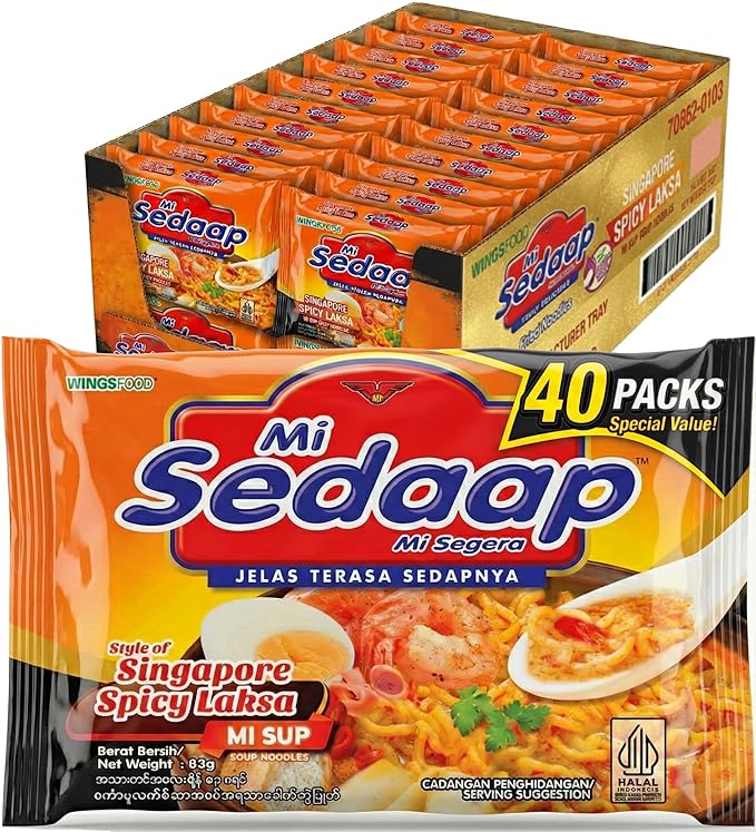 Singaporean Spicy Laksa Noodles (Pack of 40) — Creamy Coconut &amp Spicy Chili Instant Noodles — Mi Sedaap Halal Certified