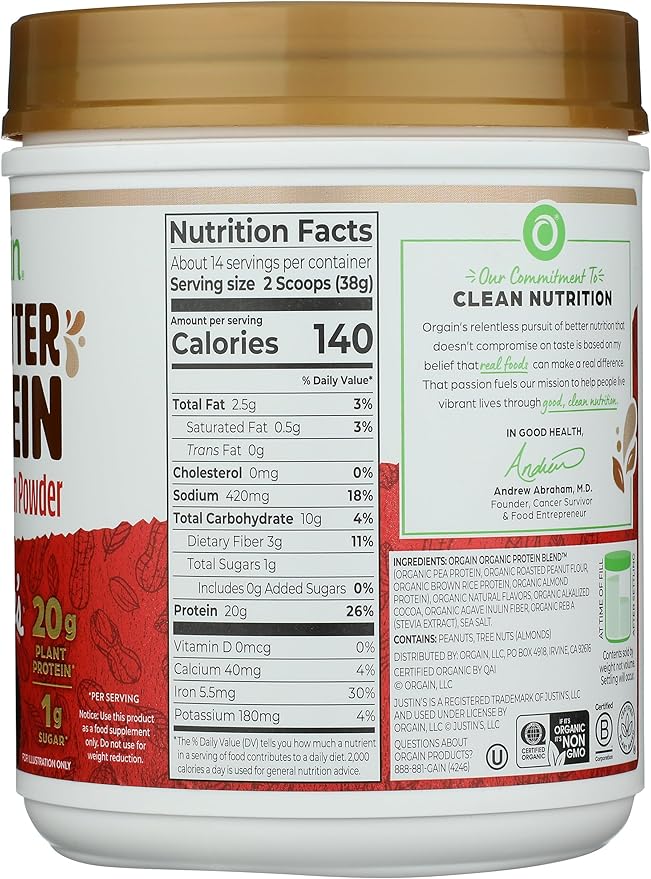 Orgain X Justin's ® Organic Vegan Nut Butter Protein Powder Chocolate Peanut Butter- 20g Plant Protein 1g Sugar Gluten Free No Dairy Soy Ingredients or Artificial Flavors 1.17 lb