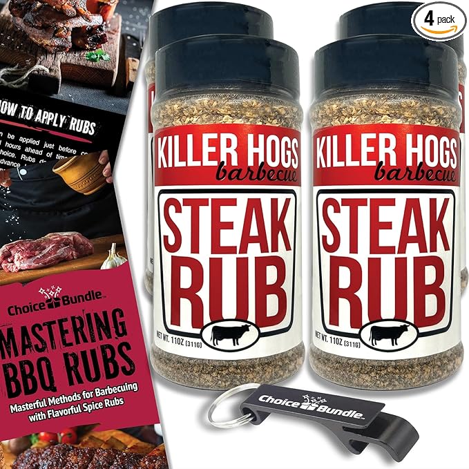 Killer Hogs Steak Rub Premium BBQ Barbecue Spice Seasoning 4 pk (44 oz) + Guide &amp Bottle Opener (6 Items)!