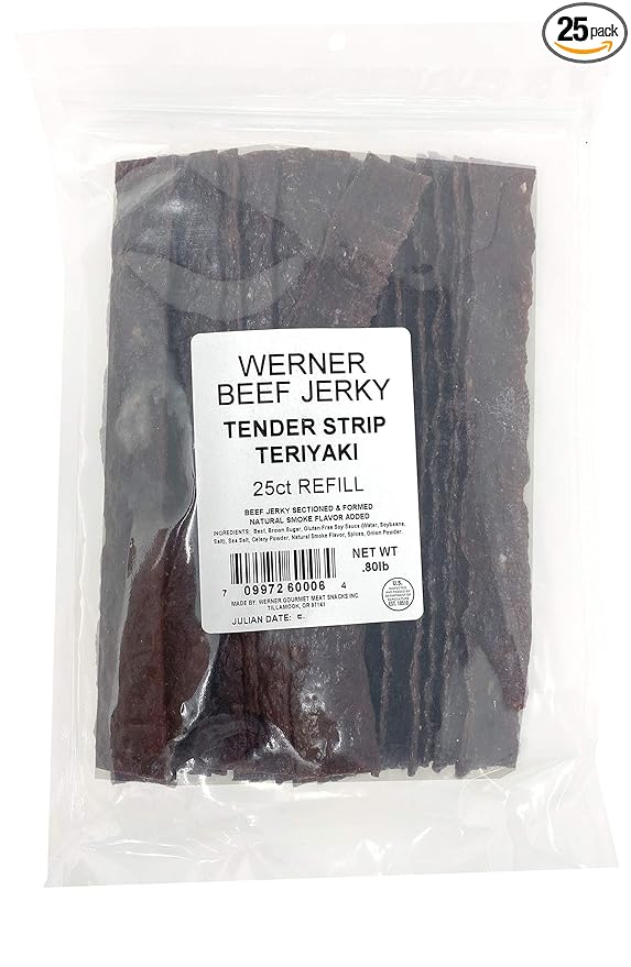 Werner Tender Strips Teriyaki Beef Jerky - Pack of 25 Jerky Strips - Made in the USA