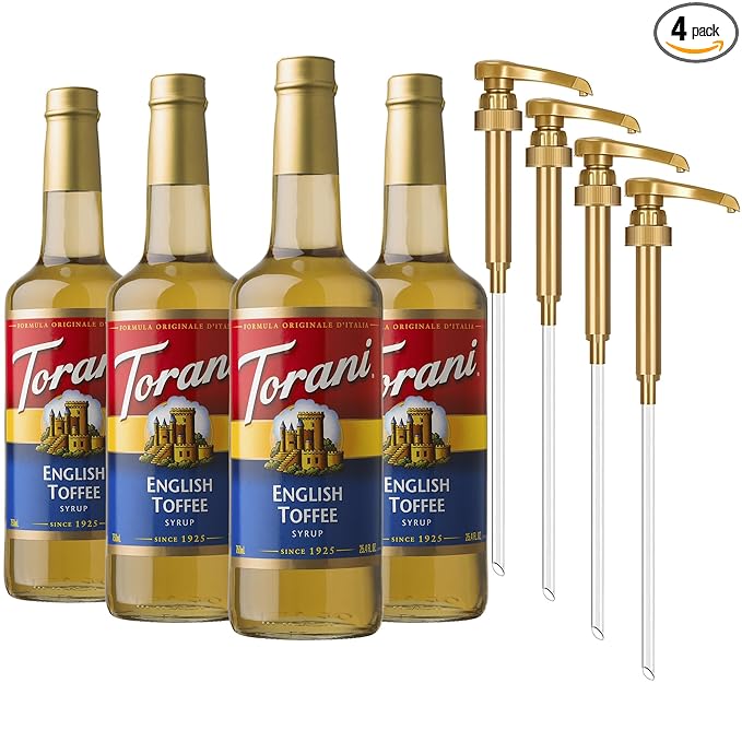 Torani Coffee Syrup English Toffee Flavored Syrup for Drinks Glass Bottle 4-Pack Pumps Included 25.4 Fl Oz Ea