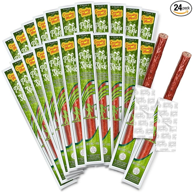 Country Meats Meat Sticks 0 Trans Fat USDA Certified Good Source of Protein Carb Conscious Snack (24 Meat Sticks Pickle)