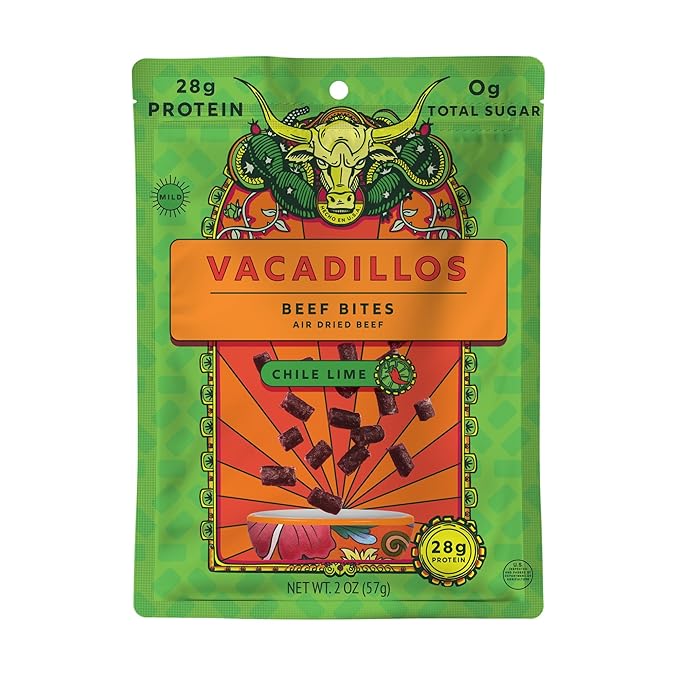 Vacadillos - High Protein Carne Seca Bites | 28g Protein Sugar Free Carbs Free Gluten Free Dairy Free Keto &amp Paleo Friendly | Mexican Inspired Beef Jerky Snack | Chile Lime Pack Of 4