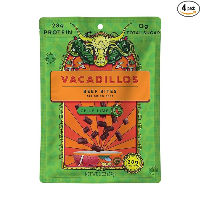 Vacadillos - High Protein Carne Seca Bites | 28g Protein Sugar Free Carbs Free Gluten Free Dairy Free Keto &amp Paleo Friendly | Mexican Inspired Beef Jerky Snack | Chile Lime Pack Of 4