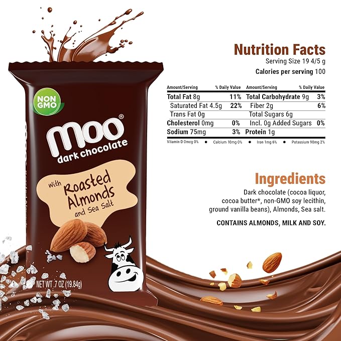 Moo Chocolates All Natural Dark Chocolate Mini Bars with Roasted Almond &amp Sea Salt 0.7 oz 28 ct (Pack of 2) | 100 Calorie Snacks for On-the-Go Lunchboxes Office