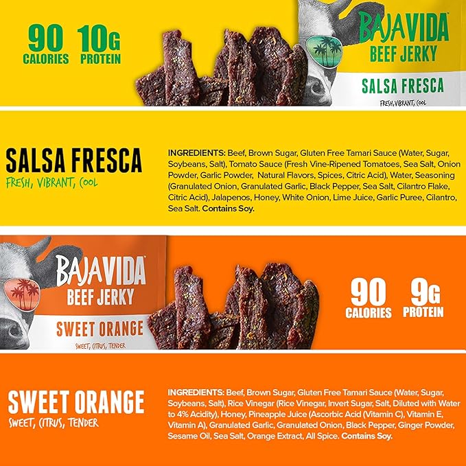 BAJA BEEF Jerky Snack Packs - Beef Jerky Variety Pack Beef Jerky Gifts for Men Beef Jerky Sampler High Protein Craft Jerky Assortment Gluten Free - Sweet Orange &amp Salsa Fresca 2.5 Oz (4 Pack)