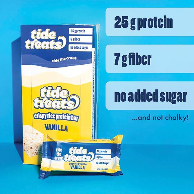25g Protein Bar Crispy Rice Treat Vanilla | Clean Ingredients No Added Sugar 7g Fiber Gluten Free | High Protein Snack for On-the-Go Post-Workout or Dessert Cravings | 8 Count | TideTreats