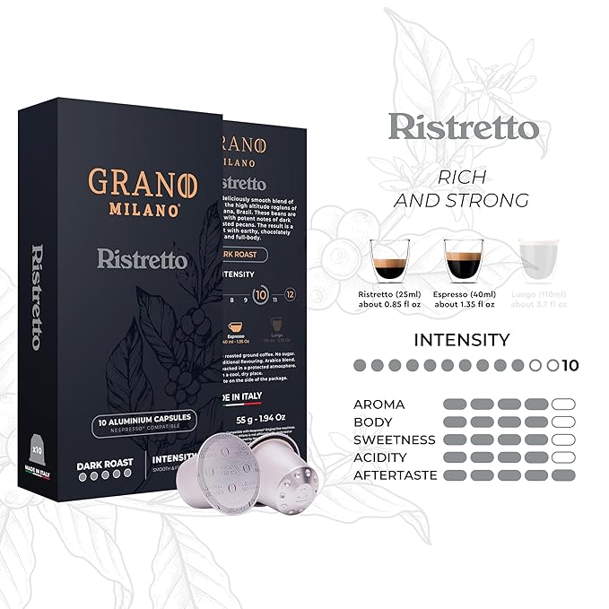 Grano Milano Ristretto Coffee Capsules - 100 Aluminum Coffee Pods Compatible with Nespresso Original line Dark Roast - Intensity 10/12 Made in Italy