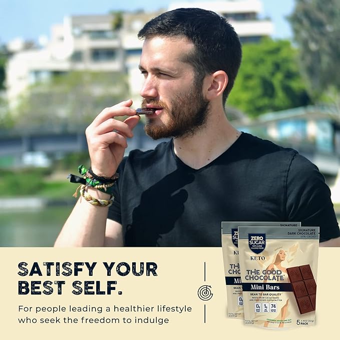 THE GOOD CHOCOLATE - Mini Signature Dark Chocolate Bars with Zero Sugar &amp Lower Net Carb - Keto Chocolate Bar Offers Lower Calorie Chocolate Candy - All Natural Non-GMO (Pack of 10)