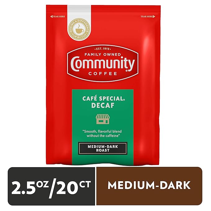Community Coffee Café Special Decaf Medium Dark Roast Pre-Measured Coffee Packs 2.5 Ounce Each (Pack of 20)