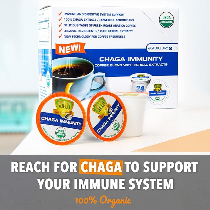SOLLO Chaga Mushroom Infused Coffee Pods Boost Focus &amp Immunity Memory &amp Clarity Medium Roast Compatible With 2.0 K-Cup Keurig Brewers Organic by USDA No After Taste 24 Ct