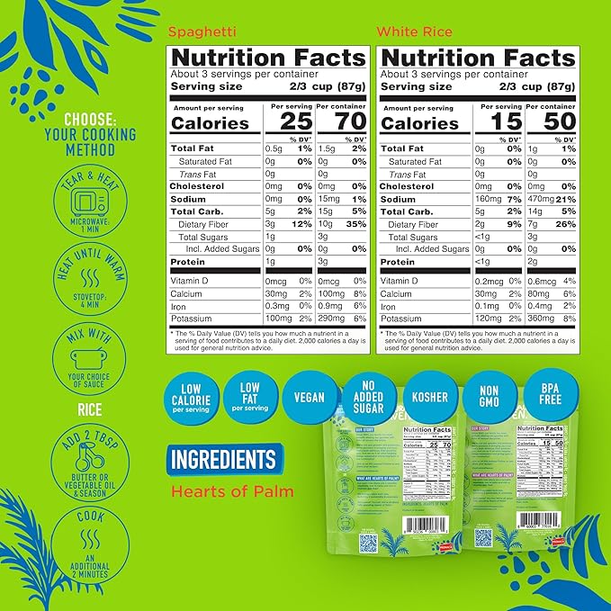 Natural Heaven Hearts of Palm Spaghetti 3-Pack + White Rice 3-Pack – Low-Calorie Keto &amp Gluten-Free Food Vegan 9 Oz Ea