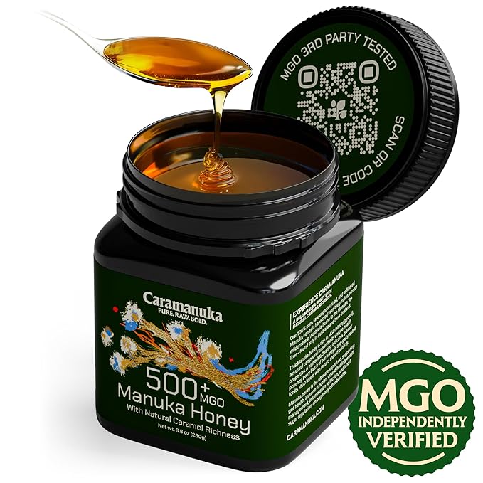 Caramanuka Manuka Honey MGO 500 – 100% Raw &amp Unfiltered Australian Honey Independently Lab-Tested for MGO &amp Glyphosate Bold Caramel Flavor 8.8 oz (250g)