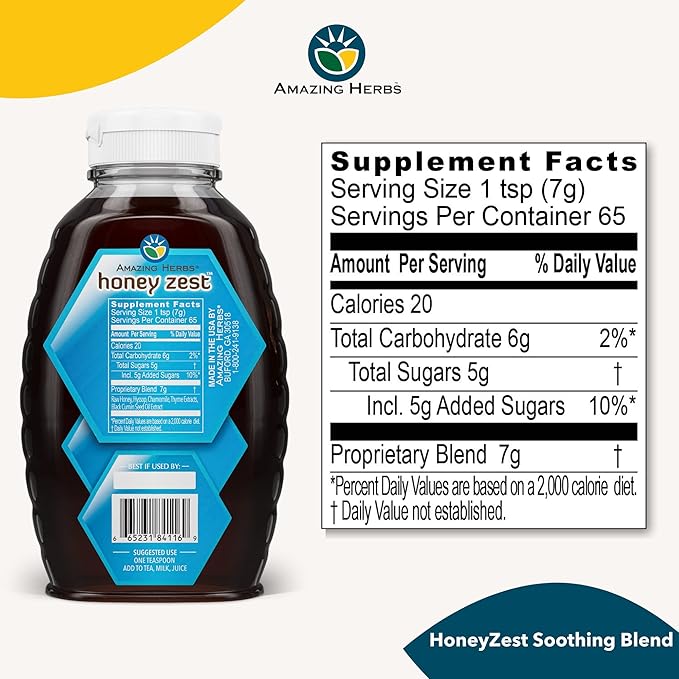 Amazing Herbs Raw Natural Honey - Herbal Honey Infused with Hyssop Chamomile Thyme Extracts &amp Pure Black Seed Oil Non GMO Gluten Free Immune Booster - Honeyzest Soothing Blend 16 Fl Oz