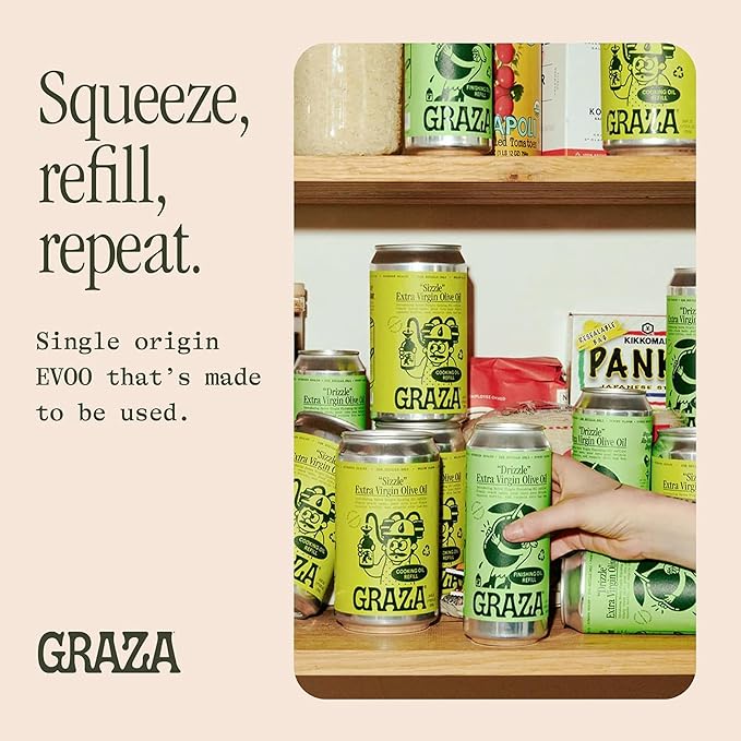 Graza Drizzle Extra Virgin Olive Oil Finishing Oil - High Polyphenol Early Harvest EVOO Finishing Oil in a Squeeze Bottle - Single Farm Olives from Spain - 16.9 Fl Oz (500ml) Refill Can (Pack of 2)