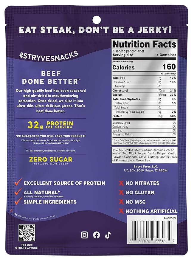 Stryve Protein Snacks - Better Than Jerky Steak - Grassfed Beef Biltong | 32g Protein Sugar Free Zero Carbs Gluten Free Dairy Free Keto &amp Paleo Friendly | Original Pack Of 4