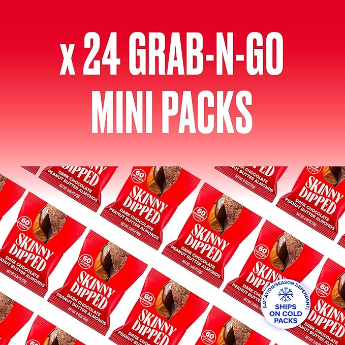 SkinnyDipped Dark Chocolate Peanut Butter Almonds Healthy Snack Plant Protein Gluten Free 0.46 oz Mini Bags Pack of 24