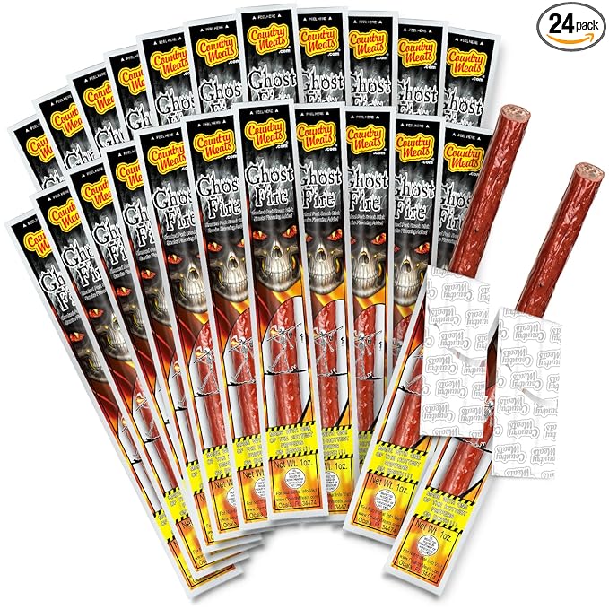 Country Meats Meat Sticks 0 Trans Fat USDA Certified Good Source of Protein Carb Conscious Snack (24 Meat Sticks Ghost Fire)