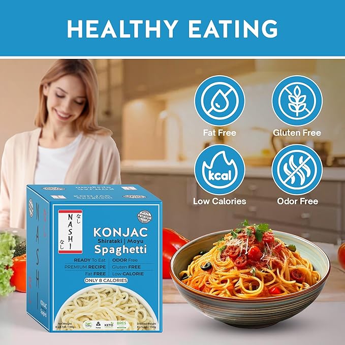 Nashi Shirataki Konjac Spaghetti (8x190g) – Glucomannan Premium Recipe Keto-Friendly | Low-Calorie Zero-Carb Vegan &amp Gluten-Free Odour-Free High Fiber | Ready-to-Eat Food