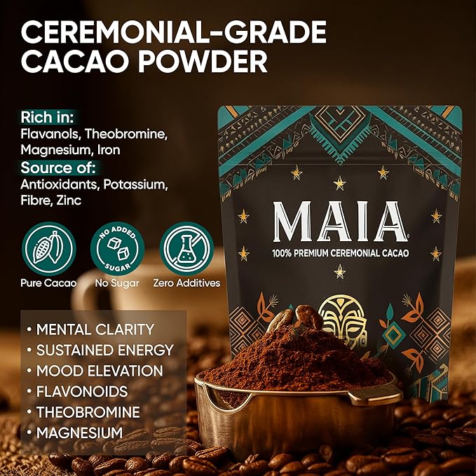 Maia Ceremonial Cacao Maia Cacao Powder Supplement with Flavanol Theobromine Magnesium &amp Flavonoids Blend Supports Circulation &amp Cardiovascular Health Balances Mood Boosts Energy Zero S