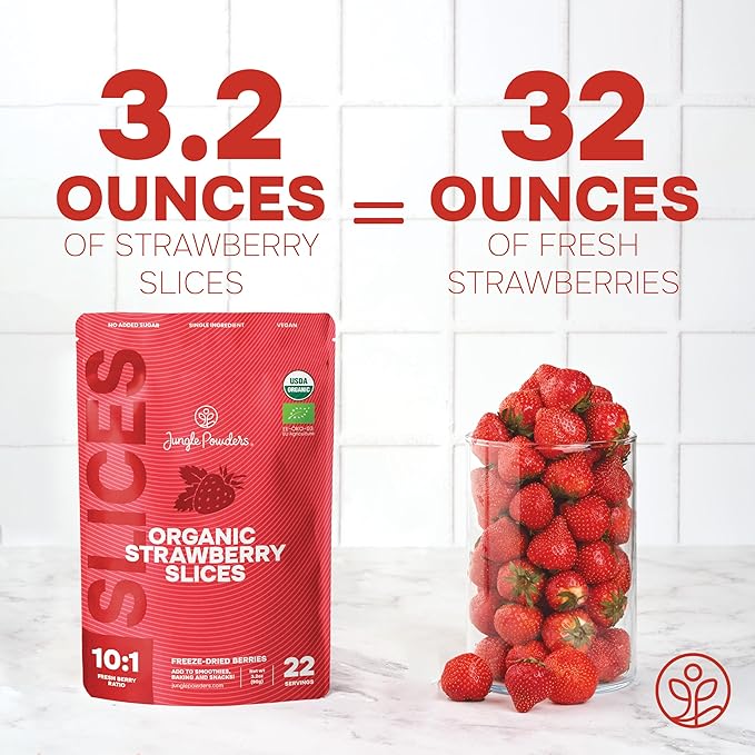 Jungle Powders Organic Blueberries Fresh Freeze Dried Fruit 4 Ounce Bag - Made From Frozen Wild Dried Blueberries + Freeze Dried Strawberries Organic USDA Certified Strawberry Slices 3.2 Ounce Bag