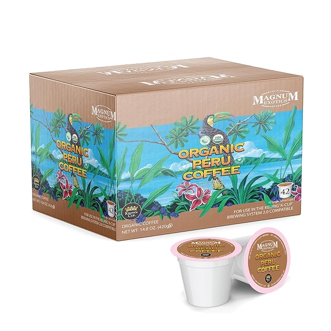Magnum Exotics Organic Peru Coffee Pods - Coffee Cups Compatible with K Cup Keurig Medium Roast Bulk Premium Blend Fast Single-Serve Capsules - 42 Count (Pack of 1)