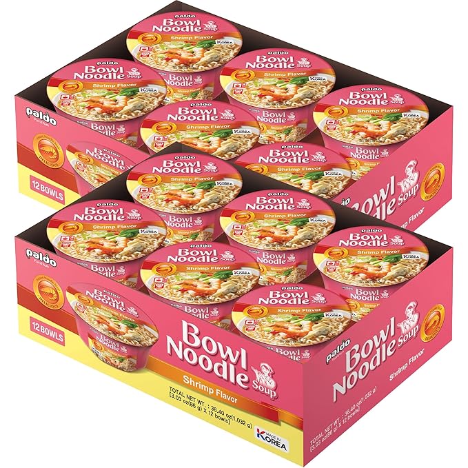 Paldo Fun &amp Yum Instant Cup Noodle Soup Bowl with Seafood Shrimp Flavored Broth Pack of 12 Best Oriental Style Korean Ramyun Most Loved Korean Noodles 팔도 새우 사발면 86g (3.03 oz) x 12