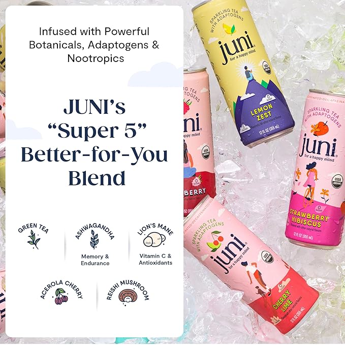 Juni Sparkling Adaptogen Drink for Mood and Focus with Ashwagandha Lion's Mane &amp Reishi Mushrooms Green Tea Caffeine All Flavors 24-Pack