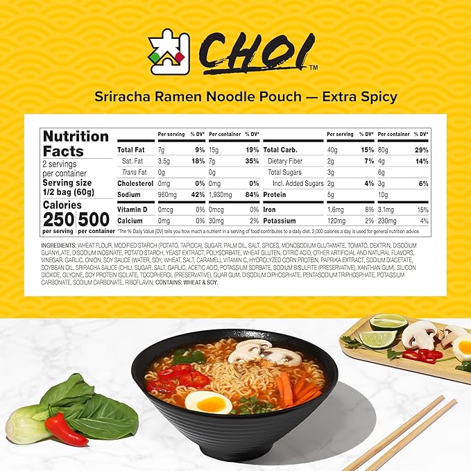 CHOI Sriracha Ramen Noodle Soup Extra Spicy - Pouch 4.23 oz. (120g) Case of 20