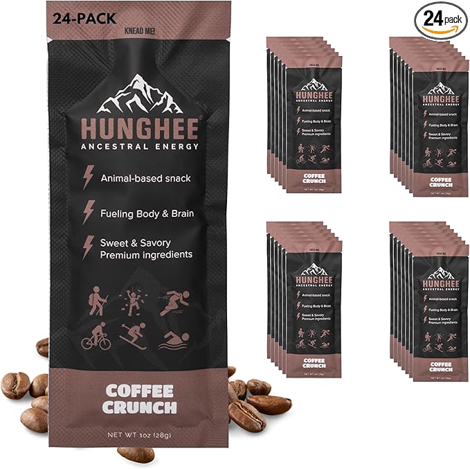Hunghee Ancestral Energy Coffee Crunch Pack | Organic Grass-Fed Ghee &amp Raw Honey Blend | Animal-Based Energy Boost for Athletes | Hiking Cycling Running Backpacking | Healthy Snack (Pack of 24)