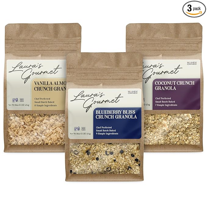 Laura's Gourmet Granola - Classic Variety Pack - Vanilla Almond Crunch Coconut Crunch BlueberryBliss Crunch