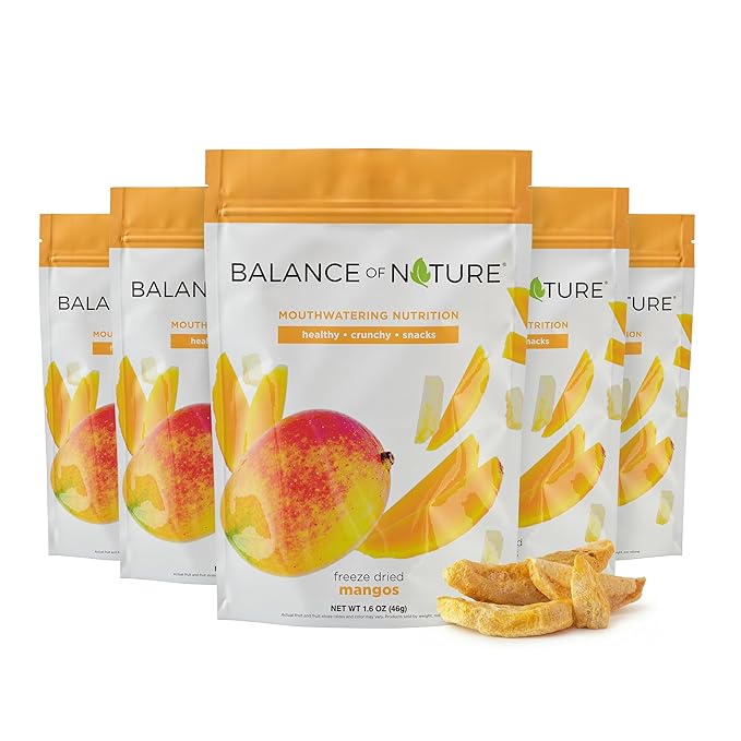 Balance of Nature Freeze-Dried Mangos (5 Pack) – 100% Real Fruit Crunchy Mango Slices Healthy Snack Mouthwatering Nutrition Gluten-Free Vegan No Sugar Added Five 1.6 oz Bags