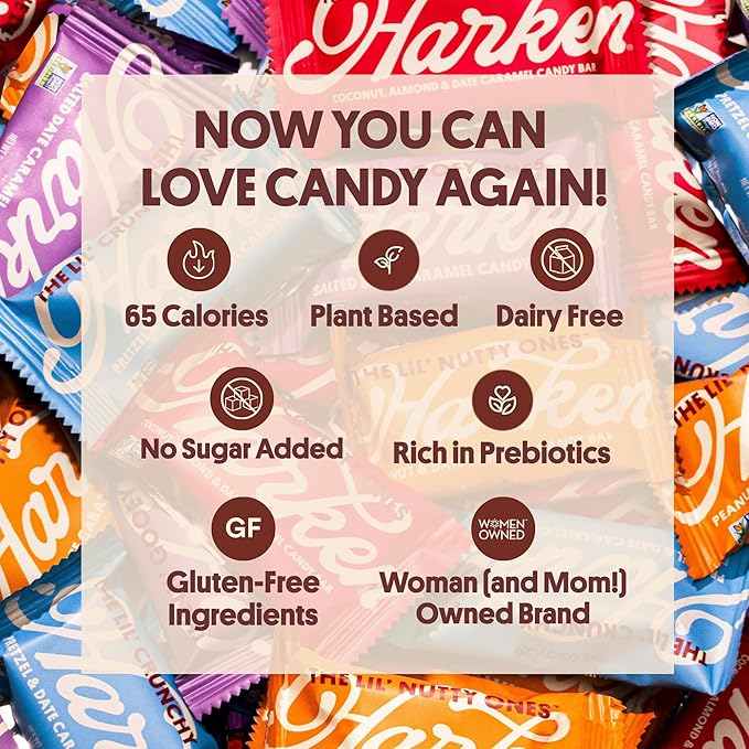 Harken Sweets The Lil’ Gooey Ones Mini Oat Milk Chocolate Candy Bars with Date Caramel Sweetened with Dates No Sugar Added High Fiber Snack Nut-Free Gluten-Free Plant-Based 6 Pouches (30 Bars)