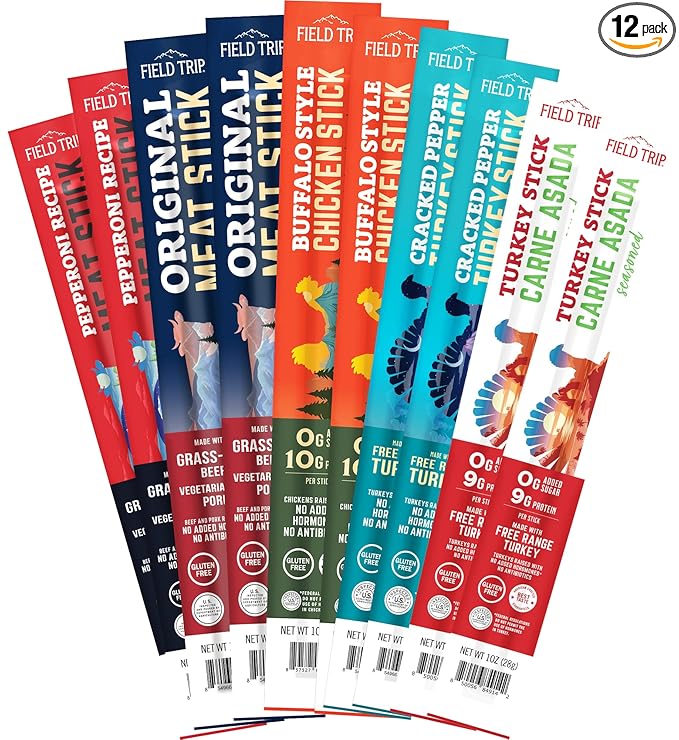 Field Trip Grass Fed and Free Range Variety Jerky Snack Sticks Keto Paleo Gluten Free Allergy Friendly Snack High Protein 90 and 100 Calorie Snack 1oz 10 Pack