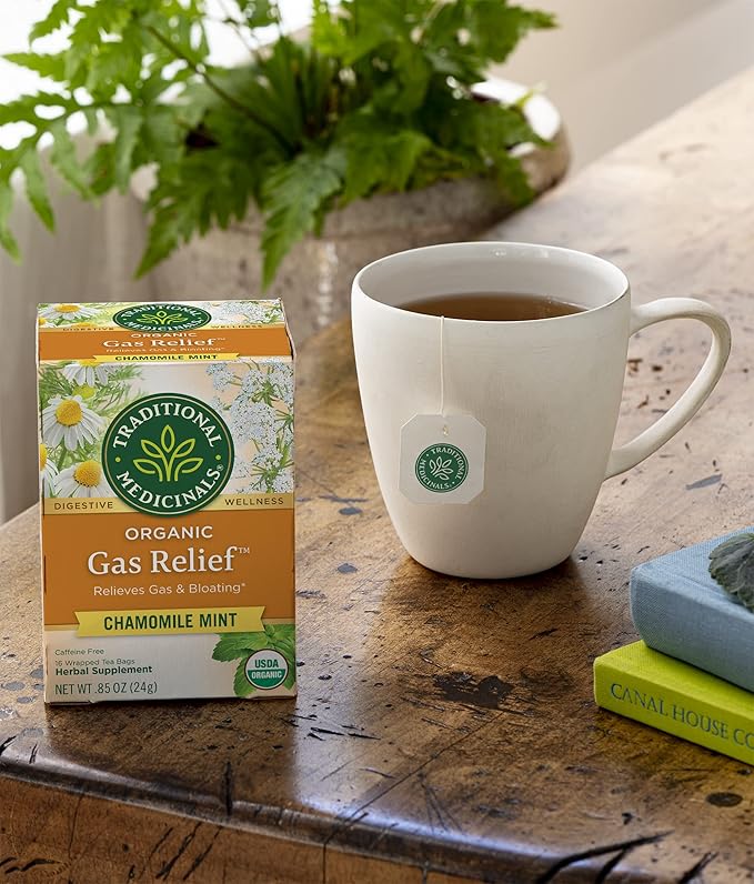 Traditional Medicinals Organic Gas Relief Chamomile Mint Herbal Tea Relieves Gas &amp Bloating (Pack of 3) - 48 Tea Bags Total