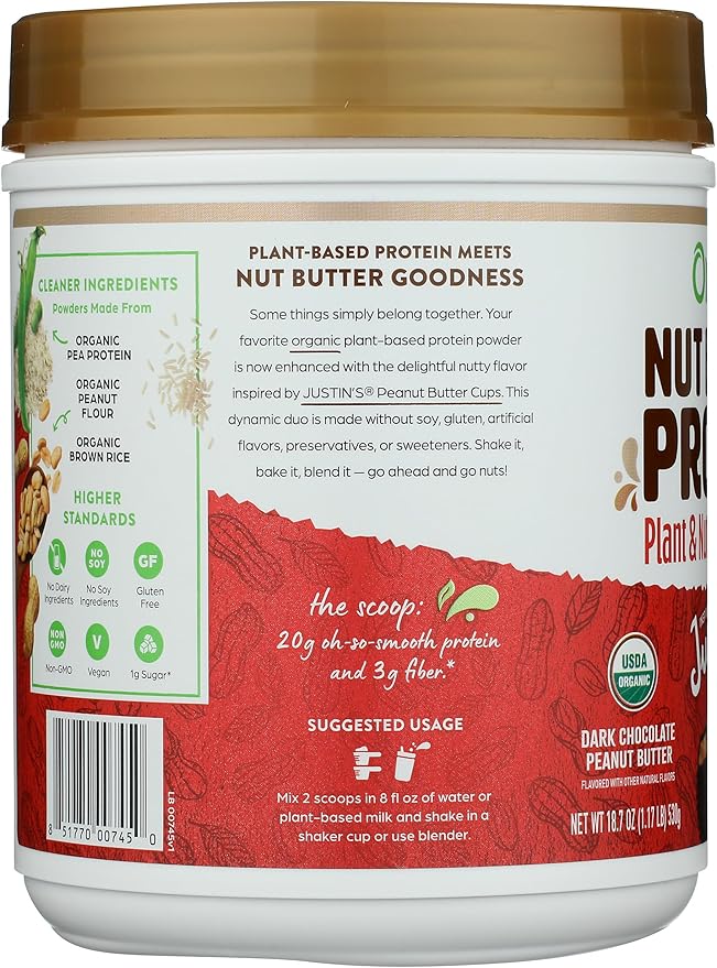 Orgain X Justin's ® Organic Vegan Nut Butter Protein Powder Chocolate Peanut Butter- 20g Plant Protein 1g Sugar Gluten Free No Dairy Soy Ingredients or Artificial Flavors 1.17 lb