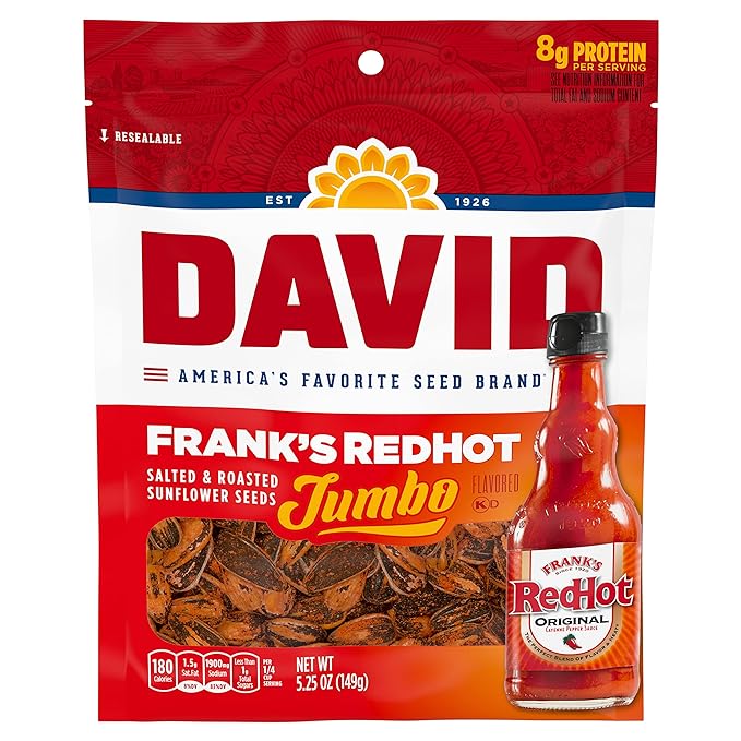 DAVID Jumbo Sunflower Seeds Frank's RedHot Flavor Easter Basket Stuffer for Baseball Players 5.25 oz. (Pack of 12)