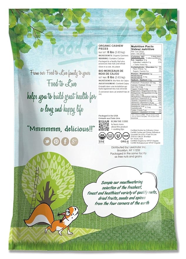 Food to Live Organic Cashew Pieces 8 Pounds Non-GMO Kosher Vegan Unsalted Unroasted Bulk