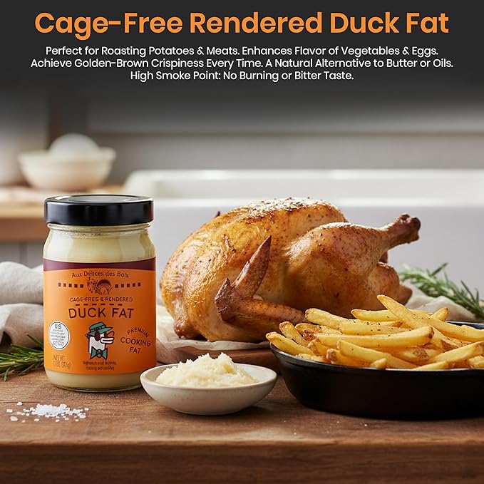 Aux Délices des Bois Premium Cage-Free Duck Fat All-Natural Rendered Cooking Fat for Frying Roasting Sautéing 11 Ounce Jar Room Temperature Stable