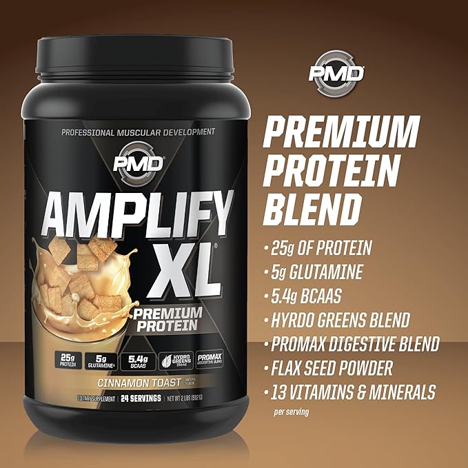 PMD Sports Amplify XL Premium Whey Protein Supplement Hydro Greens Blend - Glutamine and Whey Protein Matrix with Superfood for Muscle Strength and Recovery - Cinnamon Toast (24 Servings)